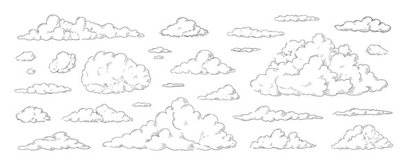 Clouds sketch. Vintage hand drawn sky background with large and small detailed cloudy shapes. Retro pencil drawing. Isolated monochrome cloudscape elements set. Vector engraving heaven - obrazy, fototapety, plakaty