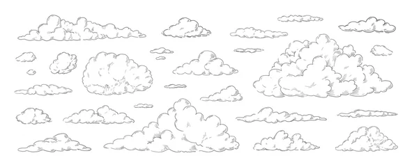 Foto op Canvas Clouds sketch. Vintage hand drawn sky background with large and small detailed cloudy shapes. Retro pencil drawing. Isolated monochrome cloudscape elements set. Vector engraving heaven © SpicyTruffel