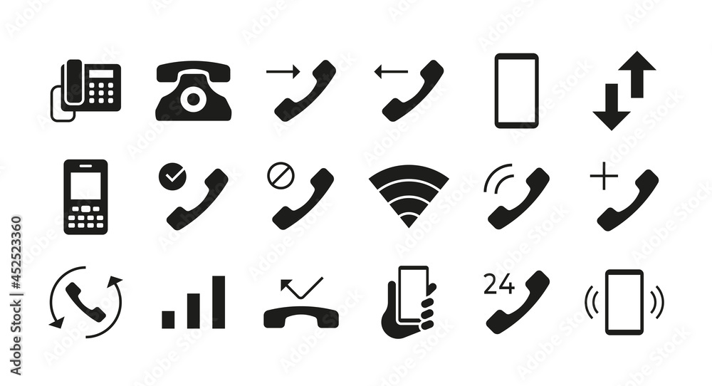 Aufkleber Phone icons. Telephone mail and smartphone communication symbols. Answer and decline call interface button. Phone network connection indicators mockup. Vector isolated graphic signs set
