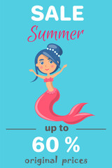 Summer sale with mermaid at sea. Advertising banner with underwater life of sea creature. Nixie on background of ocean with waves and sand with starfish. Seasonal closeout poster, discounts, hot price