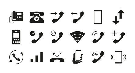 Phone icons. Telephone mail and smartphone communication symbols. Answer and decline call interface button. Phone network connection indicators mockup. Vector isolated graphic signs set