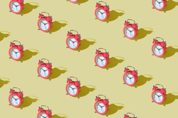 Pattern pastel alarm clocks minimal concept of time or deadline or wake. Modern creative concept.