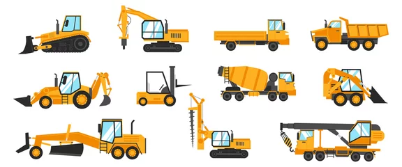 Stof per meter Industrial vehicles. Cartoon construction trucks and heavy machinery. Bulldozer and excavator. Building crane or loader. Cargo lorry. Vector earthwork machines and work automobiles set © SpicyTruffel