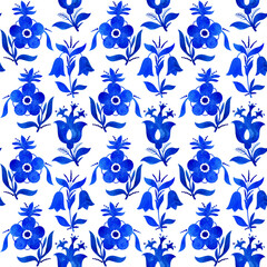 Blue and white Delft watercolor floral seamless pattern, Dutch porcelain flowers motif, botanical hand drawn background
