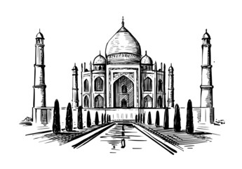 Taj Mahal hand drawn vector. Palace India sketch - obrazy, fototapety, plakaty