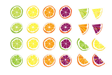 Vector set with slice, half and quarter of lemon, lime, orange and grapefruit on white background. Illustration for wrapping paper, post cards, prints for clothes, and emblems.