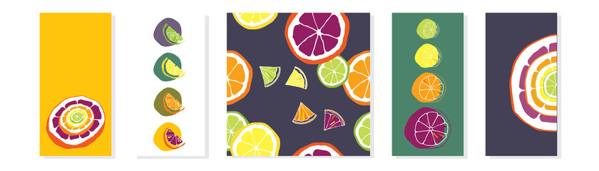 Vector set of colourful background with slice, half and quarter of lemon, lime, orange and grapefruit on color background. Illustration for wrapping paper, post cards, prints for clothes, and emblems.
