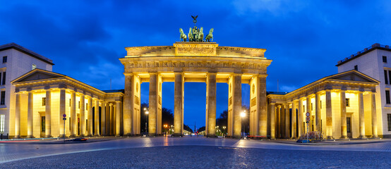 Berlin Brandenburger Tor Gate in Germany at night blue hour panoramic view