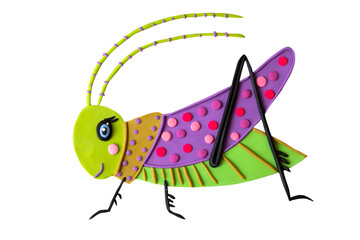 Cute grasshopper insect plasticine 3d effect. Handmade childish cartoon illustration cut out...
