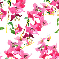 Pink tropical flowers branche watercolor on white background seamless pattern for all prints.