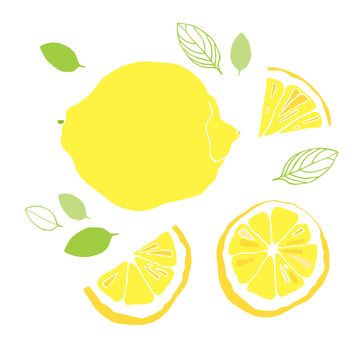 Vector set with lemon and slice of lemon on white background. Flat style. Illustration for wrapping paper, post cards, prints for clothes, and emblems. Design for cosmetics, spa, health care product.