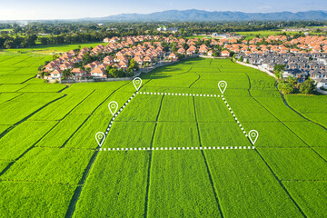 Land plot in aerial view. Gps registration survey of property, real estate for map with location,...