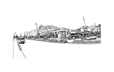 Building view with landmark of Kemer is the 
city in Turkey. Hand drawn sketch illustration in vector.