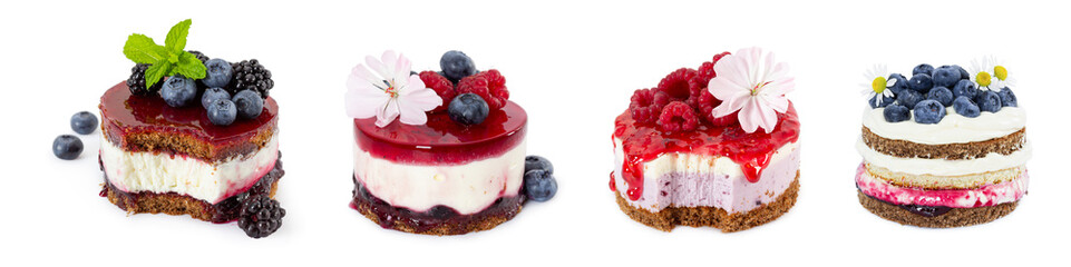 Set of cheesecakes with fresh mint, blueberries and blackberries, blueberry jam and jelly