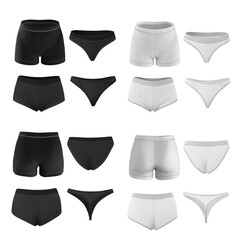 Set of different types of women's panties. Black and white underwear front and back view. 3d rendering mockup isolated on white background. Bikini, tanga, shorts, briefs.