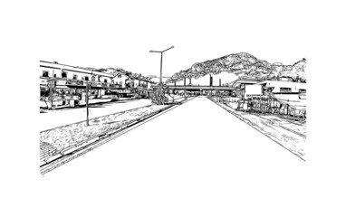 Building view with landmark of Kemer is the 
city in Turkey. Hand drawn sketch illustration in vector.
