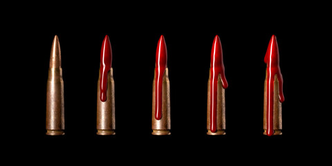 A rifle bullets in blood. Flowing drops of blood. Isolated on black. Bloodshed business. Causes of...