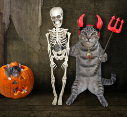 A gray cat in red devil horns holds a trident and hugs a skeleton in the barn for Halloween.