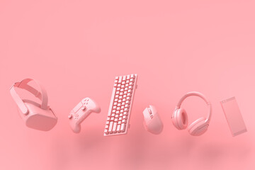 Flying gamer gears like mouse, keyboard, joystick, headset, VR on pink