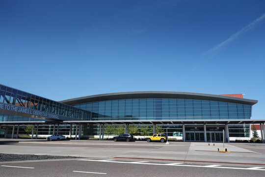 DULUTH,MN - USA - 08-14-2021: The front entrance of the James Oberstar Terminal at the Duluth International Airport