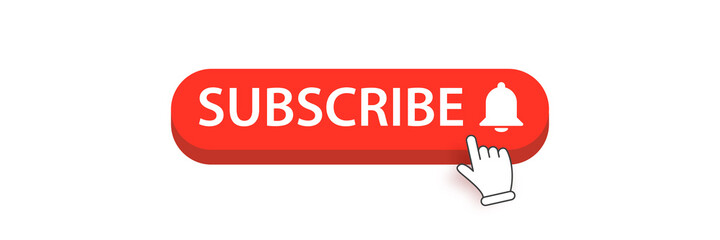 Flat subscribe button with ring bell isolated on white background. Subscribe banner design template with red flat Subscribe video or channel button and hand.
