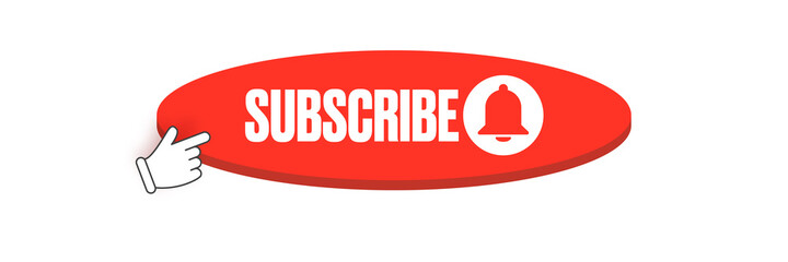 Flat subscribe button with ring bell isolated on white background. Subscribe banner design template with red flat Subscribe video or channel button and hand.