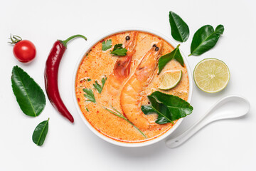 Tom Yam kung spicy Thai soup with  prawn and coconut milk. Traditional  asian spicy coconut milk soup