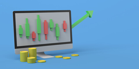 Computer with coins and candlestick chart. Concept of financial investment and monetary growth in the stock market. 3D illustration. Copy space.