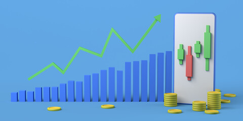 Smartphone with coins and candlestick chart. Concept of online financial investment and monetary growth in the stock market. 3D illustration. Copy space.