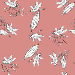vector illustration seamless pattern dragonfly with leaf and twig,black outline on dark pink background,for wallpaper or furniture