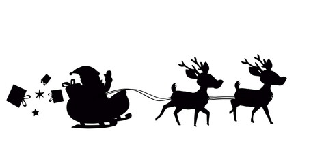 Digital image of black silhouette of santa claus and christmas gift boxes in sleigh
