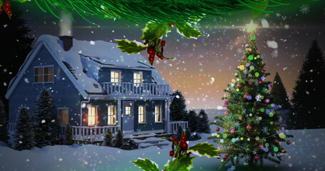 Image of winter scenery with lit house