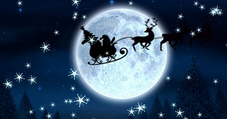 Image of silhouette of santa claus in sleigh being pulled by reindeer with snow falling and full