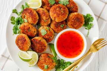 Tod man pla, thai fish cakes on a plate