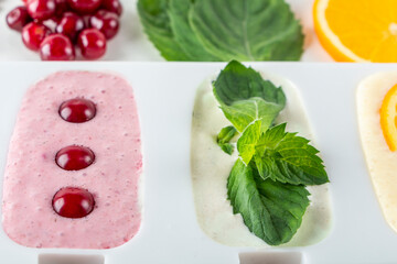 Homemade cooking vegan diversity of popsicles from cherry, mint, orange, coffee and coconut milk. Natural fruit and berry pink ice cream sugar free.