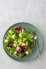 Top view of a table and a plate with light salad, green mix salad with broccoli, mozzarella cheese and microgreens