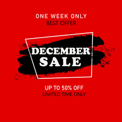 December sale banner. Sale offer price sign. Discount.