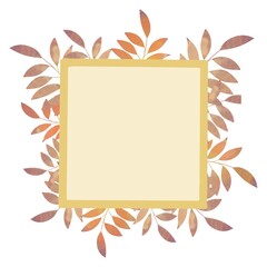 Light yellow empty square frame with leaves, autumn decoration concept, fall season illustration