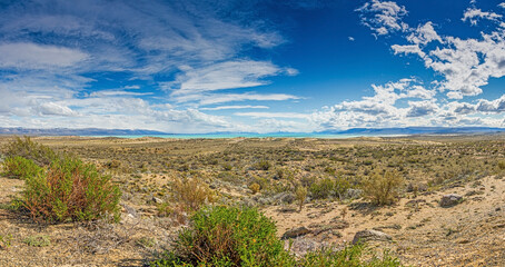 Panoramic view over argentine steppe near Lago Argentino during the day