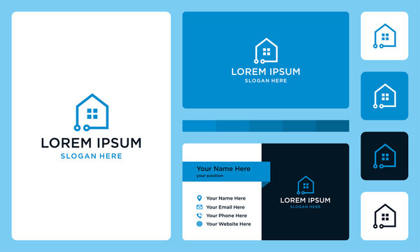 home logo shape with advanced technology and connected. icons for technology, building, construction, and internet businesses. Premium Vectors. business card.	