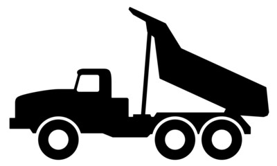 Silhouette of a dump truck on white background.