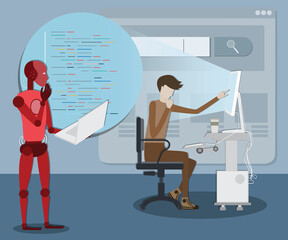 Flat design of Artificial intelligence technology concept, AI consulting a man when he programming process - vector