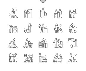 Cleaning people. Service. Wash window, remove trash, wash bathroom and other. Pixel Perfect Vector Thin Line Icons. Simple Minimal Pictogram
