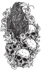 Obraz premium Tattoo art crow on a skull flower hand drawing and sketch