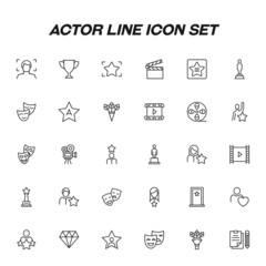 Actor line icon set including icons of stars and statues