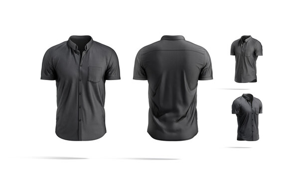 Blank black short sleeve button down shirt mockup, different views