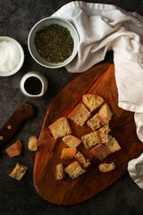 Cutted ciabatta bread on a grey background