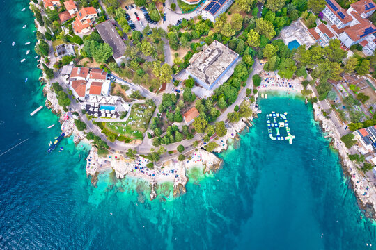 Tourist town of Rabac idyllic beach aerial view