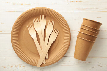 Eco friendly disposable tableware on a white background