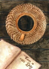 watercolor still life. Hand-drawn cup of coffee on a napkin with an open book and have a good day lettering. Autumn greeting card